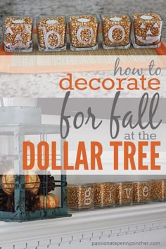 the dollar tree is decorated for fall with pumpkins and other things to decorate it