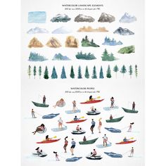 an illustrated poster with people on boats and canoes