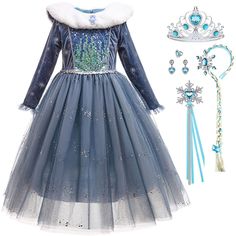 PRICES MAY VARY. Package includes: 1 dark blue long sleeve princess dress, 1 crown, 1 snowflake wand, 1 pair of earrings, 1 ring and 1 hairband with wig. Comfortable material: The princess dress is made from soft skin-friendly polyester and flannel fabric and covered with light tulle, keeping your child comfortable and warm. Details: The plush round neckline is decorated with a blue jewel badge to echo the accessories. The multi-layered skirt is designed to give the princess dress a fluffy fit. Blue Queen Dress, Snow Princess Costume, Toddler Elsa Costume, Ice Queen Costume, Blue Princess Dress, Toddler Costumes Girl, Peach Costume, Queen Outfits, Baby Costumes Girl