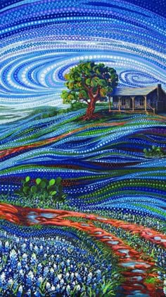 a painting with blue and red swirls on it, depicting a house in the middle of