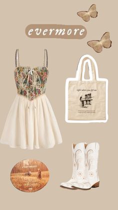 an assortment of clothing and accessories including boots, purses, and bags are arranged on a beige background