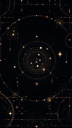 an abstract background with golden stars and circles in the center, on a black background