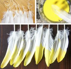 four pictures showing different stages of feathers being dyed yellow and white