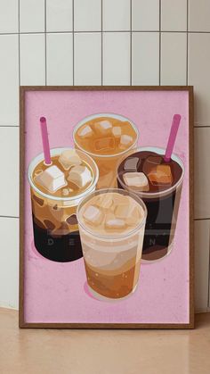 a painting of three drinks on a pink background