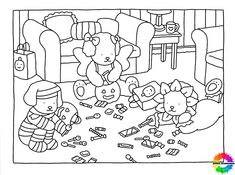 a black and white drawing of children playing in the living room with toys on the floor