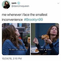 an image of a woman eating food on her twitter account with caption that reads, me whenever i face the smallest inconvennce brooklyn19