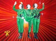 a painting of two women in green uniforms with their hands up and one woman holding her head