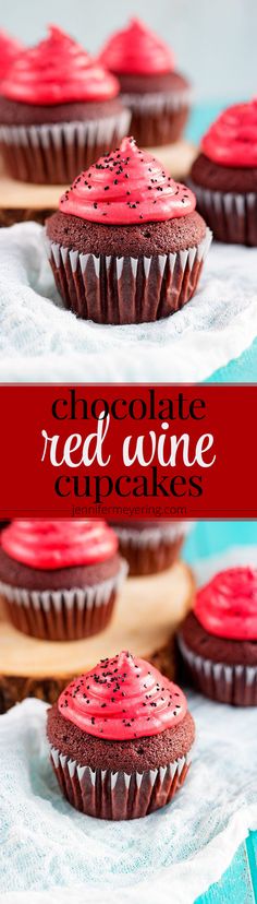 red wine cupcakes with chocolate frosting and sprinkles on top