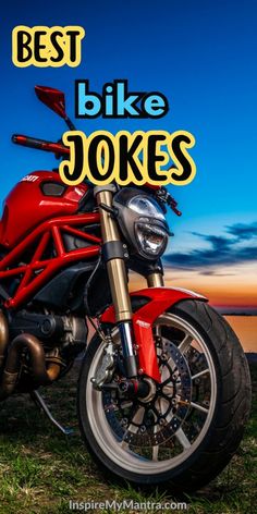 a red motorcycle with the words best bike jokes on it's front wheel and back tire