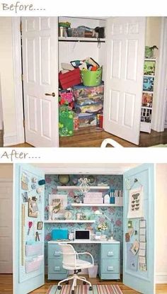 the before and after pictures show how to decorate an office space in a small closet