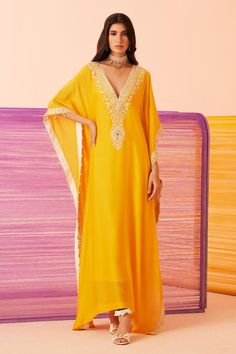 Shop for Sureena Chowdhri Yellow Muslin Starry Day Embroidered Yoke Kaftan for Women Online at Aza Fashions Latest Kaftan Styles, Latest Kaftan Designs