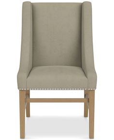 a beige upholstered chair with wooden legs