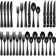 an assortment of black plastic utensils and spoons