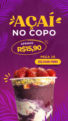 an advertisement for a dessert shop with strawberries in the cup and purple leaves around it