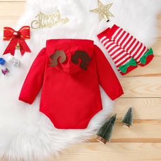 Baby Boys Girls Christmas Letter Printed Antler Hoodie Bodysuit Sock Set - PrettyKid Long Sleeve Cotton Onesie For Holiday, Long Sleeve Onesie For Playtime In Winter, Cotton Long Sleeve Onesie For Holiday, Long Sleeve Onesie For Winter Playtime, Red Onesie For Playtime In Winter, Red Onesie For Winter Holiday, Winter Cotton Onesie, Cute Cartoon Print Onesie For Winter, Cute Winter Onesie With Cartoon Print