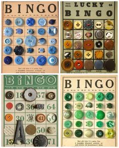 four different types of buttons are shown in this collage with the words bingo on them