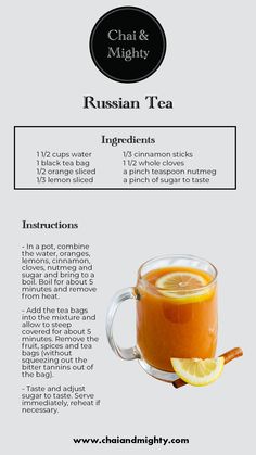 the ingredients for russian tea are shown in this graphic style, including lemons and cinnamon