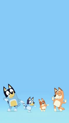 several cartoon characters are standing in the same line, with one cat and two dogs