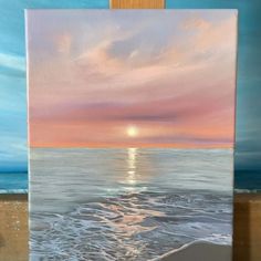 an oil painting of the ocean at sunset