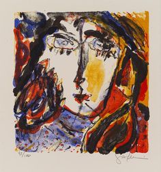 an abstract painting of a woman's face in red, yellow and blue colors