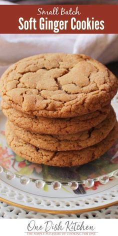 a stack of soft ginger cookies on a plate with the title in the middle above it