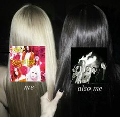 two women with long hair and one has an album on her head, while the other is