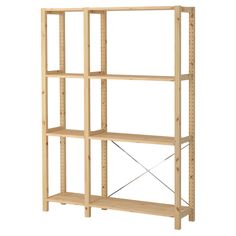 a wooden shelving unit with four shelves on one side and two other sections in the middle