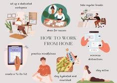 how to work from home info graphic with people sitting at desks and working on laptops