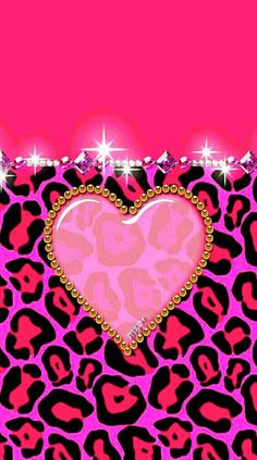 a pink and black leopard print wallpaper with a heart shaped frame on the top