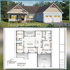 the floor plan for a house with two garages and an attached porch, is shown in