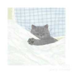 a drawing of a cat laying on top of a bed