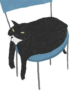 a drawing of a black cat sitting in a blue chair with its head resting on the edge