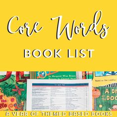 the book list for children's books with text overlay that reads core words book list