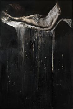 a painting of a woman laying on top of a black box with her legs spread out