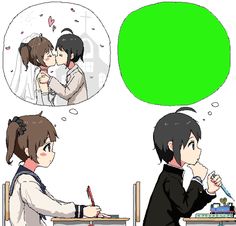 two people sitting at a table with a green speech bubble above them and another person writing