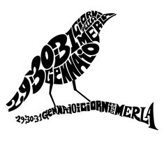 a black and white bird sitting on top of a tree branch with words written all over it