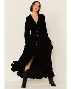 Miss Me Women's Black Maxi Ruffle Button Down Dress , Long Sleeve Dress Outfit, Maxi Dress Winter, Dress Boot, Boot Barn, 70s Outfits, Maxi Dress Outfit, Witch Fashion, Skirts With Boots, Witch Outfit