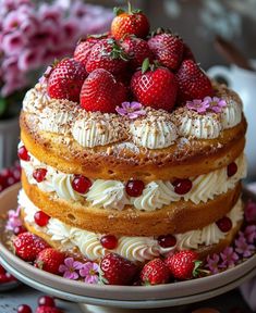 a three layer cake with strawberries on top and flowers around the edges, sitting on a plate