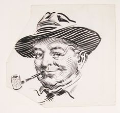 a drawing of an old man with a pipe in his mouth and a hat on