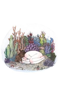 a drawing of a woman laying in the middle of plants