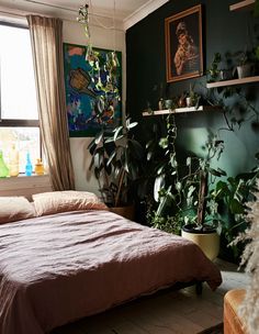 a bed sitting in a bedroom next to a window with plants on the wall behind it