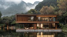 a house sitting on top of a lake surrounded by mountains in the foggy day