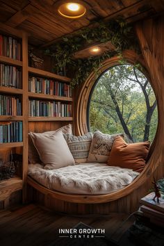 Cozy wooden reading nook with circular window overlooking trees, surrounded by bookshelves and adorned with plants. Home Reading Area, Tiny Nooks Spaces, Hobbit Reading Nook, Interior Design Reading Room, Glass Reading Room, Secret Nook, Secret Reading Nook, Closet Nooks, Cute Book Nooks