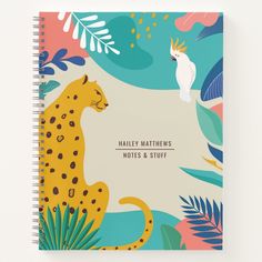 a personalized notebook with an image of a cheetah and a bird on it