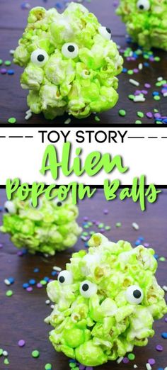 green popcorn balls with googly eyes and sprinkles on the top, in front