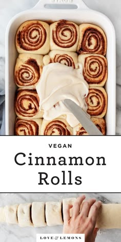 vegan cinnamon rolls in a baking dish with icing on top and the title overlay reads vegan cinnamon rolls