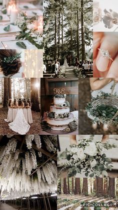 a collage of wedding photos with white flowers and greenery on the top right