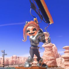 a cartoon character holding a giant object in his hand and standing on top of a platform