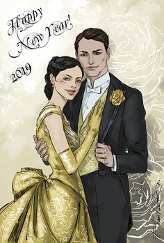 a drawing of a man and woman dressed in formal wear hugging each other with the words happy new year on it