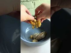 two pictures one showing someone dipping something into a bowl while the other shows what they are eating